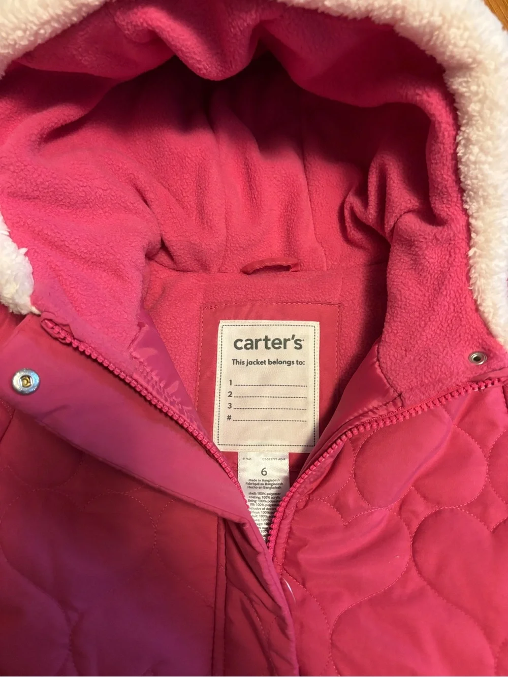 Carter's Girls 6 Pink Quilted Heart Hooded Puffer Coat NWT